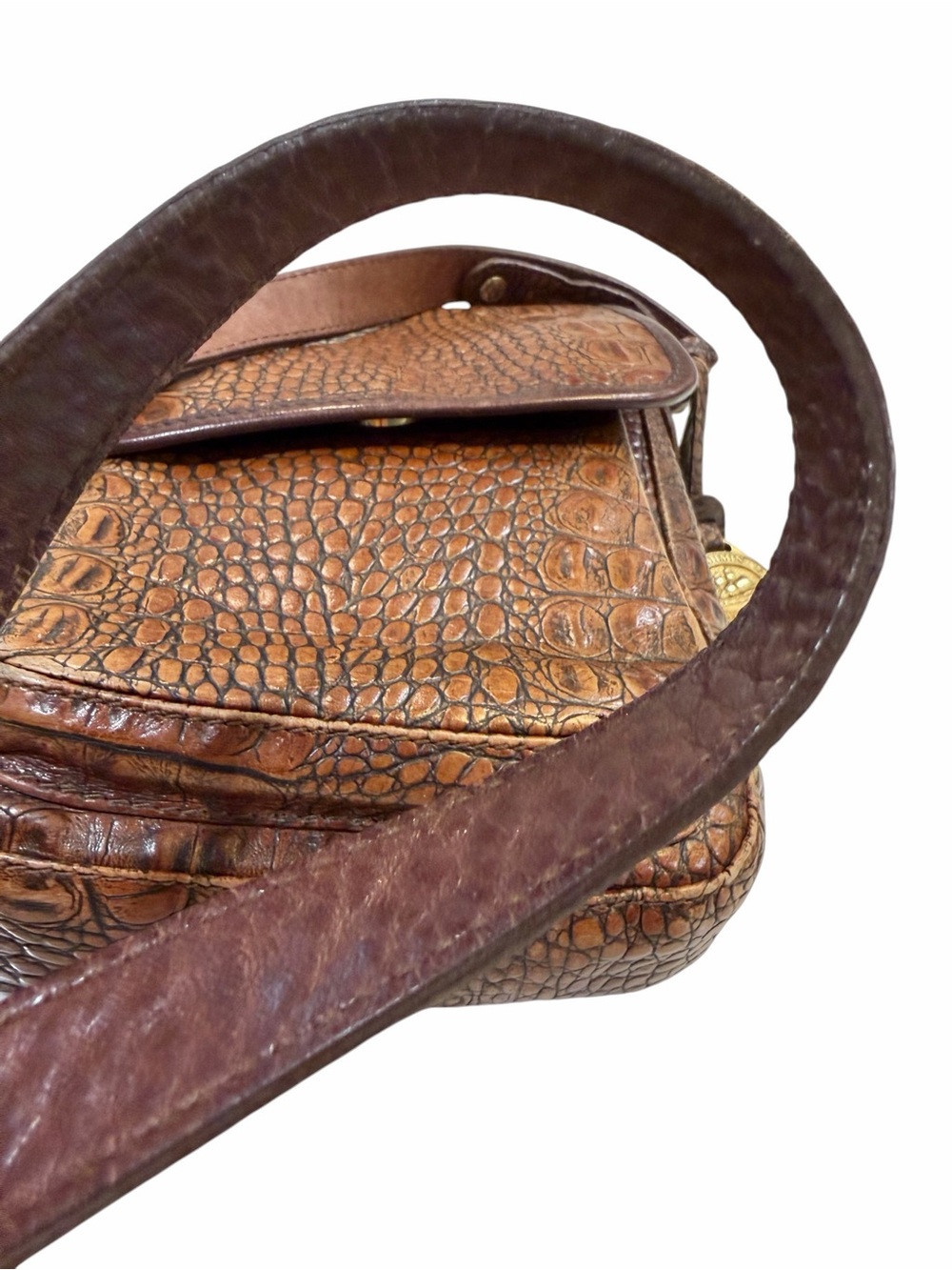 Vintage Brahmin Brown Croc-Embossed Leather Flap North South Crossbody Bag - Picture 9 of 17